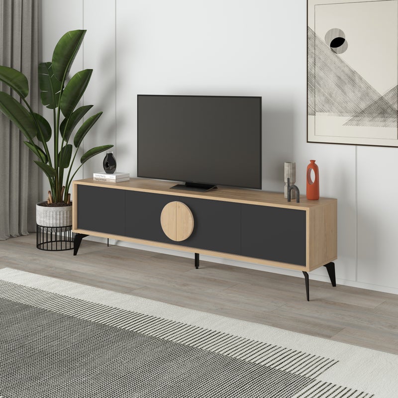 Mourah Home Gora Tv Stand Up To 70 Inches Tvs | Modern Tv Cabinet 4Door | Modern Tv Units For Living Room | Storage Cabinet | 180X35.6X51 Cm | Sapphire Oak-Silky Black- 2 Years Warranty - Image 1